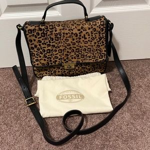 Fossil Leopard Calf Hair and Black Leather Satchel